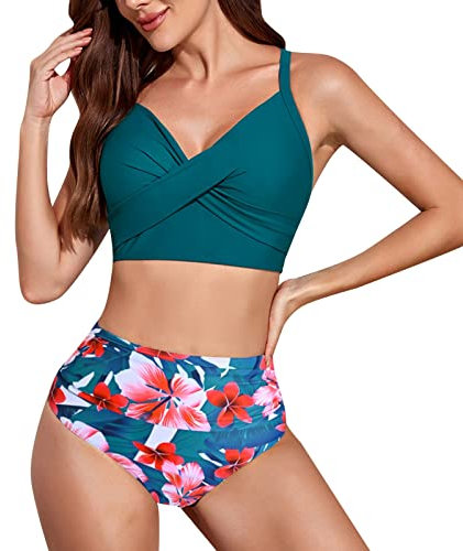 Bikini da donna, a vita alta, con spacco, stampa mucca, bikini top, Rosa acceso, L