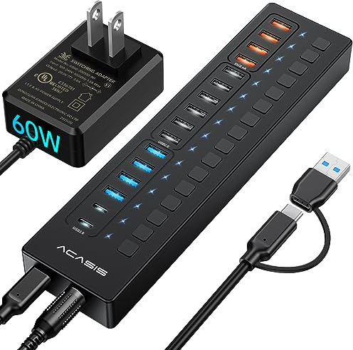 Hub USB 3.0 alimenté par ACASIS 16 ports (comprend 2 ports USB C 3.0 + 4 ports de charge intelligents) avec adaptateur d'alimentation 60 W, support mural, hub USB pour PC, ordinateur portable, Mac