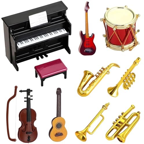 Miniatur Zubehör,10 Stück Puppenhaus Mini Musikinstrument Modell,Miniatur Puppenhaus Set,Miniatur Deko Mini Puppenhaus,1:12 Klavier E-Gitarre Miniatur Geige Trompete Saxophon