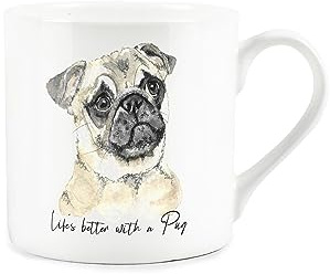 Pug Gift Mug - White Dog Bone China Coffee/Tea Present By Rhiannon Chauncey