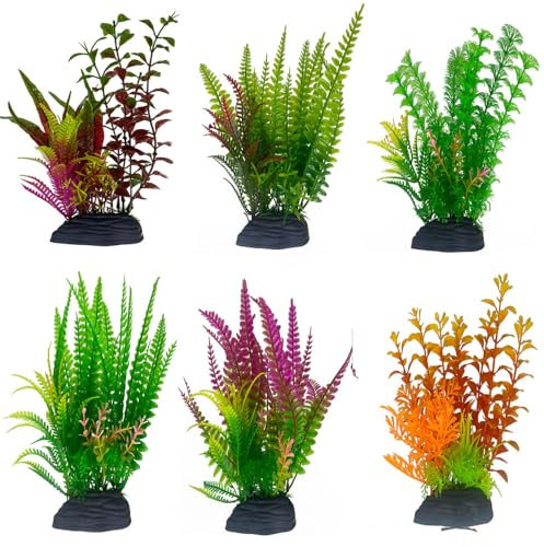 Loopunk 6 plantas artificiales de pecera, plantas acuáticas artificiales en plástico grandes decoraciones de acuario, adornos de plantas de plástico para peceras, adornos coloridos.