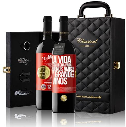 «La vida está hecha para buenos amigos y grandes vinos» Mensaje en una Botella. Estuche-Maletín de LUJO 2x Vino Tinto Premium Reserva 12 Meses y Set de 4 Accesorios. Etiqueta Roja PERSONALIZABLE