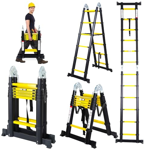 Jopassy Teleskopleiter 1,9+1,9 M, Rutschfester Aluminium Stehleiter, 150 kg/330 Pfund Belastbarkeit Ausziehbare Leiter, Aluminiumleiter mit Tragegriff, Mehrzweckleiter