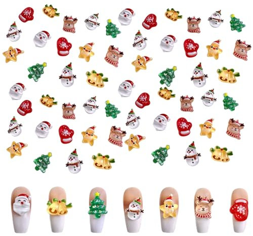 Christmas Nail Charms, 70 Pcs Cute Cartoon Santa Claus Snowman Elk Bells Xmas Tree Nail Art Decorations, 3D Christms Nail Art Charms for Manicure DIY Crafts Jewelry Accessories (Mixed-A)