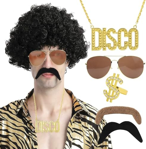 Rierousy 80er Jahre Perücke Herren 6 Set, Vokuhila Perücke, 70er Jahre, 80er Männer Halloween Fasching Kostüme Party Accessoires Funky Afro