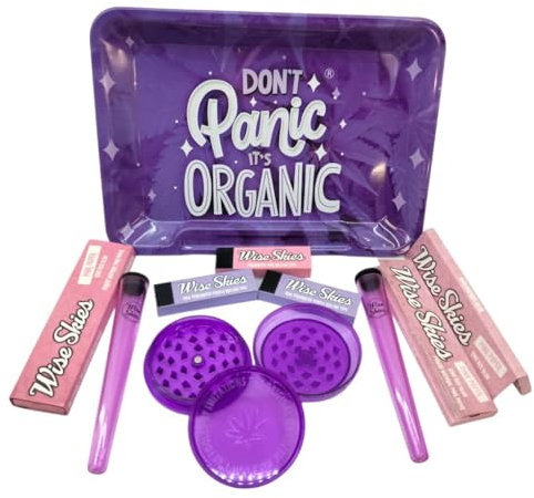 Wise skies Metal Purple rolling papers tray set don't panic it's organic tray gift set with accessories, Paper doob tube and crusher