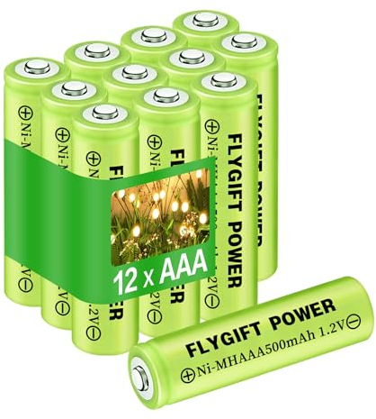 FlyGift Rechargeable AAA Batteries 500mAh, 1.2V Ni-MH Triple A High Capacity Precharged Solar Batteries for Garden Lights, Pack of 12