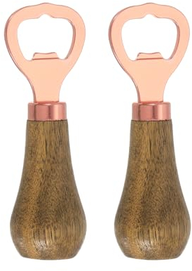 sourcing map Vertical Bottle Opener, 2Pcs - Wooden Handle Stainless Steel Beer Bottle Opener, Bartender Handheld Bottle Openers, for Home Bar Kitchen (Rose Gold)