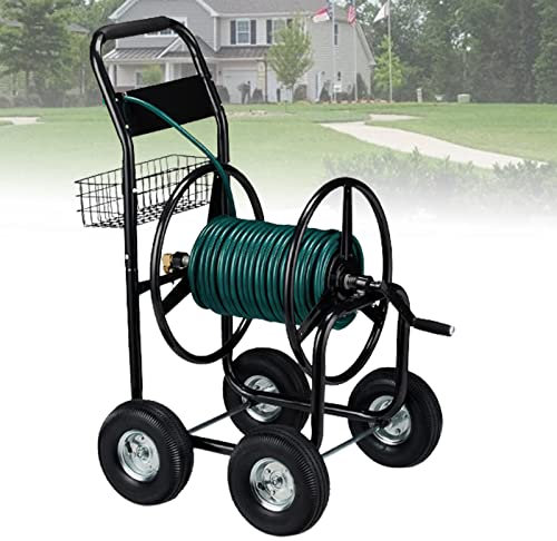 POCDOKYZ Gartenschlauchwagen aus schwarzem Metall, tragbarer Gartenschlauchwagen mit 4 Gummirädern, stabil und praktisch, Schlauchtrommel für Gartenschlauch, geeignet für Terrasse, Decke