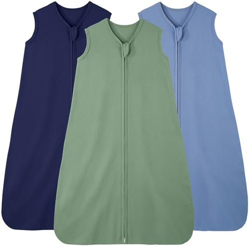 FIEMOL Babyschlafsack 0–6 Monate, Schlafsack aus 100% Baumwolle für Neugeborene und Kleinkinder, 3er-Pack tragbare Babydecke, 0,5 Tog leichter Schlafsack mit Doppelreißverschluss Cyan