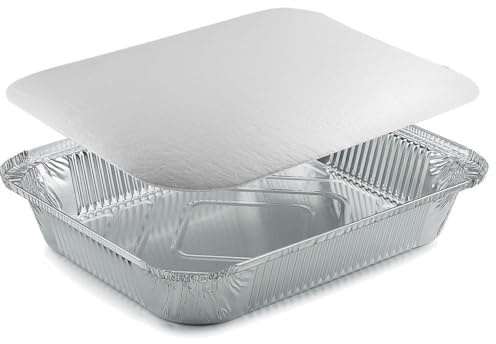 Generico 50/100 Vaschette in Alluminio bordo L VARIE DIMENSIONI Rettangolari + COPERCHI Argentate contenitori per Alimenti USA e Getta, teglie in Alluminio per Takeaway (50pz 8 porzioni 32x26cm)