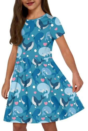 Pointodoor Sommerkleid für Mädchen, Rundhalsausschnitt, lässig, kurzärmelig, Midi-Kleid mit Taschen, für 2–14 Jahre