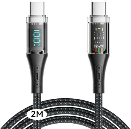 Kuulaa Câble USB C, 100 W, USB C vers USB C, avec écran LED, transfert de données, compatible avec MacBook Pro 2018-2020, iPad Pro 2023, Galaxy S22 et plus d'appareils USB C de 2 m