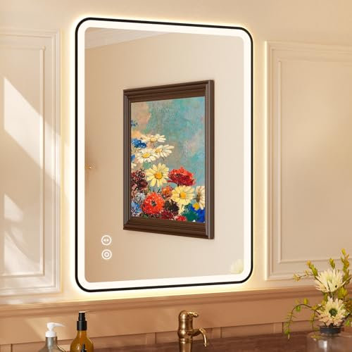 YOLEO Badspiegel mit Beleuchtung 80x60cm, Badezimmerspiegel LED mit Metallrahmen, Wandspiegel mit Touchschalter und Explosionsgeschütztes Glas, 3 einstellbare Lichtfarbe