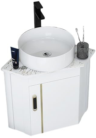 Badezimmer-Eckwaschbecken Mit Unterschrank, Wandmontiertes Keramikwaschbecken, Waschbecken Mit Wasserhahn und Abfluss, Badmöbel Set für Kleine Bäder(38cm)