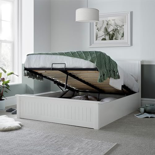 Solid Wood Ottoman Storage Bed with Lift-Up Mechanism, 137 x 190 cm, White (King (U.K. Standard))