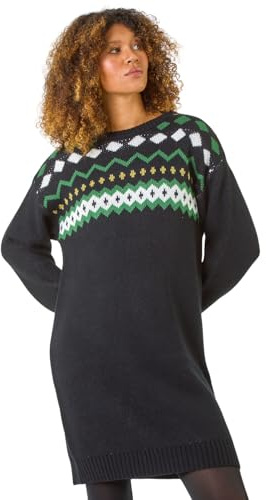 Roman Thick Jumper Dress for Women UK Ladies Fairisle Aztec Knitted Knit Sweater Knitwear Autumn Winter Holiday Round Neck Long Sleeve Soft Knee Length Sweat Warm