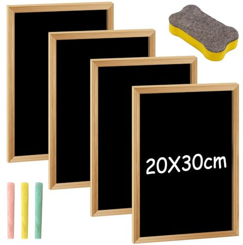 4 pizarras de tiza, 30 x 20 cm, pizarras combinadas con marco de madera, pizarras pequeñas para escribir con 3 tizas y 1 borrador de esponja, mini pizarras para escribir para niños, buffet, bodas,