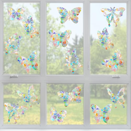 Deepton 16 Stück Fensteraufkleber Vogelschutz Schmetterling Vogelschutz für Glasscheiben Prisma Sonnenfänger Sticker Folie Vögel Fenster Aufkleber Regenbogen Fensterfolie
