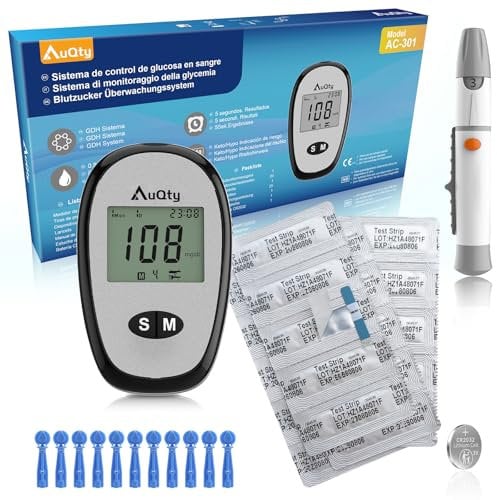 AuQty Glucosio nel sangue kit Glucometro Misuratore Glicemia Diabete Test Kit, Tester della glicemia con 20 strisce reattive - mg/dL