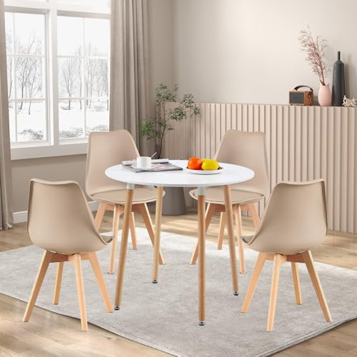 H.J WeDoo Rund Esstisch mit 4 Stühle Essgrupp, 90cm Küchentisch und 4er Set Esszimmerstühle Esszimmergruppe Sitzgruppe für Küche Wohnzimmer (Weiß Tisch+4 Khaki Stühl)