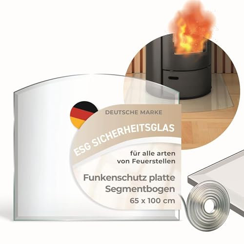 Funkenschutzplatte Glas Segmentbogen 65x100cm – Glasplatte für Kaminofen - Kaminglas Zunge mit Dichtlippe - 6mm ESG Kamin Glasplatte mit Facettenschliff – Kaminschutz Feuerplatte für Kaminofen
