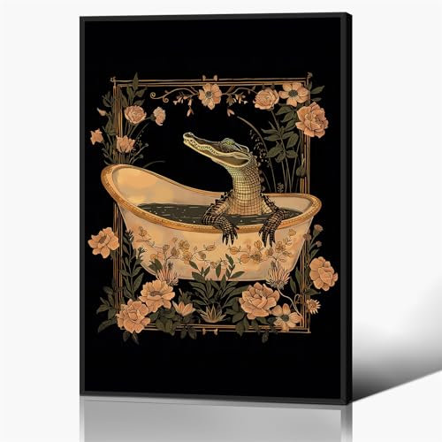 Kunstdruck im Jugendstil, gerahmt, Krokodil-Badezimmer-Leinwand, bunt, niedliche Badezimmerkunst, lustiges Tier-Krokodil-Badezimmer-Poster, skurriler Kunstdruck 30,5 x 40,6 cm, gerahmt