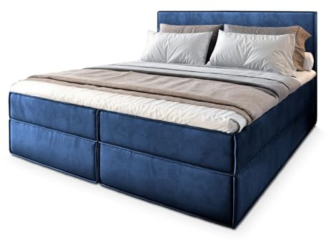 Masseno Boxspringbett PELLIO 140x200 cm Komplett-Set mit Matratze und Topper, Polsterbett mit Zwei Bettkästen -Blau, Monolith 77