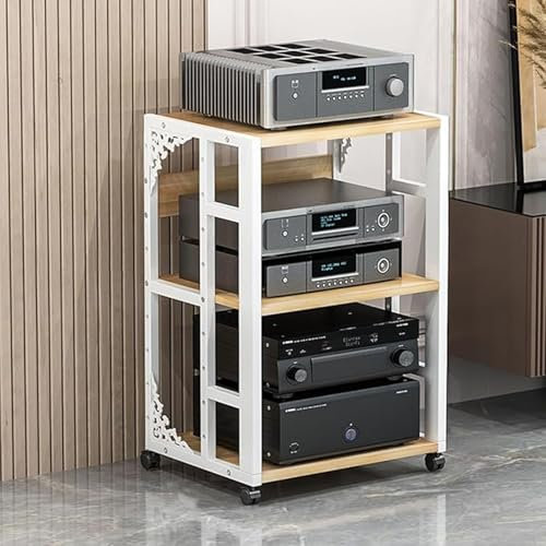 Support multimédia moderne avec roulettes pour lecteur DVD, CD, console de jeu, unité stéréo et boîtier TV robuste et durable, avec assemblage facile, armoire de rangement blanche pour haut-parleurs