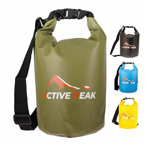 Active Peak® Dry Bag wasserdicht Rolltop Packsack 2 L–20 L mit Schultergurt & Handyhülle, Schwimmfähige Outdoor Tasche für Kajak, Boot, Strand, SUP, Wandern, Camping (Armygrün, 10 Liter)