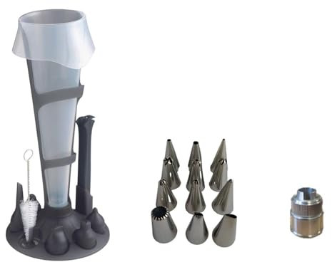 MASTRAD - Set Poche à Douille Professionnelle Réutilisable 1L + 12 DOUILLES INOX + Support + Goupillon de Nettoyage - Cuisine Pâtisserie Desserts - Sans BPA