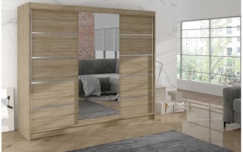 ELUKS - DERVINO Sliding Doors Wardrobe with Mirror Furniture for Bedroom Living Room and Hall Wardrobe Organizer Width 100cm/120cm/150cm/180cm/200cm/WHITE/BLACK/OAK (Oak, 200cm)