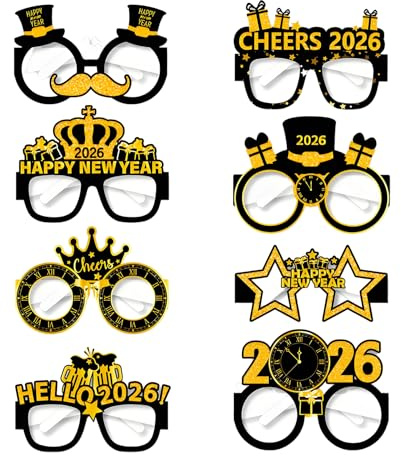 xianshi 8 Stück Happy New Year 2026,Silvester Brille 2026,Deko Party Brillen Eve Jahr,Neues Years Accessoires,Decoration Neujahrsbrille Silvesterdeko,Neujahrsbrillen Year-Glitzer-Partybrillen