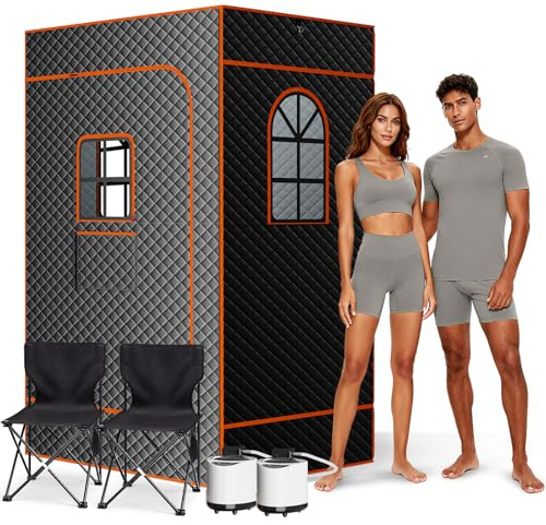 Obqer Sauna, Full-Size Portable Sauna, 15min Rapid Heating, 9 Levels Adjustable Temperature, Timer, Relax Muscles, Promotes Beauty, Home Sauna Steam Room with Steamer, Folding Chair & Floor Mat