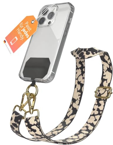 EAZY CASE - Handykette Universal zum Umhängen kompatibel mit jedem Handy Kette mit Hülle kombinierbar Handykordel Karabiner für Handyhülle Handyband zum Umhängen Camouflage- Taupe Metall Gold