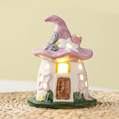 Lichterhaus Keramik Mit LED, Deko Haus Für Frühlings & Festtagsdeko, Feenhaus, Deko Häuser Keramik, Lichthäuser Für Ostern, Weihnachten, Halloween Und Als Alltägliche Dekoration. (Lila)