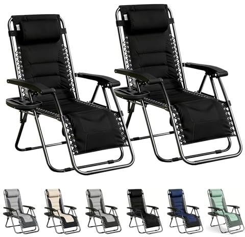 mcc direct Zero Gravity Sun Lounger Chairs Set of 2 – Padded Oxford Fabric Reclining & Folding Outdoor Garden Chairs with Cup Holder and Headrest Pillow– BLACK/BLACK OXFORD
