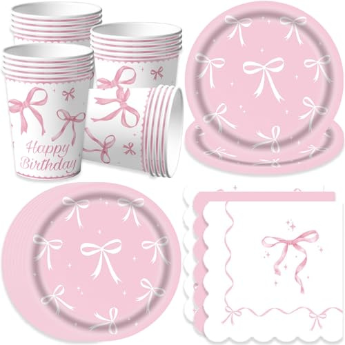 Bikasun Set di stoviglie per feste a forma di nodo rosa, piatti per compleanno, bicchieri da principessa, piatti di carta per bambine, donne, feste di compleanno per bambini 16 invitati