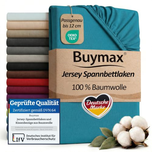 Buymax Topper Spannbettlaken 200x200 cm Spannbetttuch 100% Baumwolle Jersey für Matratzentopper bis 12 cm Matratzenhöhe Bettlaken für Boxspringbett Topper, Petrol
