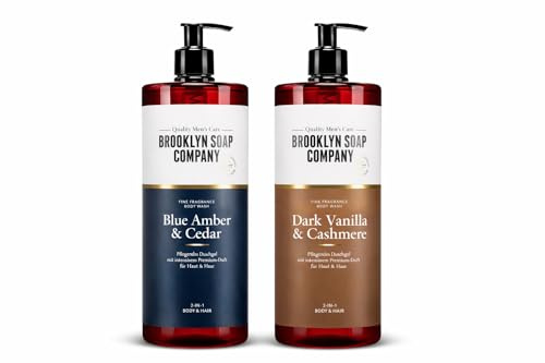Brooklyn Soap Company Duschgel Männer Bundle – 2x 1L Body Wash (Blue Amber & Cedar, Dark Vanilla & Cashmere) – 2-in-1 Duschgel für Haut & Haare – Shower Gel Herren