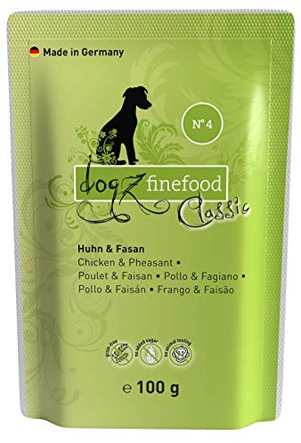 dogz finefood Hundefutter nass - N° 4 Huhn & Fasan - Feinkost Nassfutter für Hunde & Welpen - getreidefrei & zuckerfrei - hoher Fleischanteil, 12 x 100 g Beutel