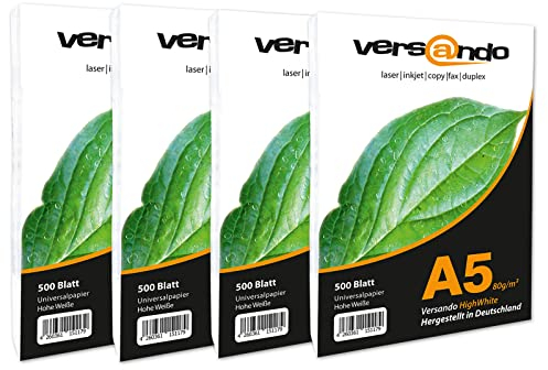 versando 10.000 Blatt Papier DIN A5 HighWhite 80 Druckerpapier Universalpapier Kopierpapier hochweiß (148 x 210 mm) 2 Kartons