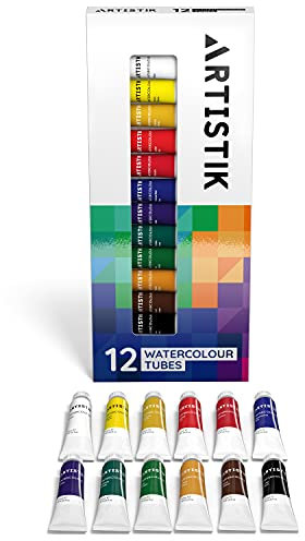 ARTISTIK Quality Watercolour Paint Set - Pack of 12 Professional Watercolor Paint Tubes and Painting Kit for Artists Highly Pigmented and Great for Variety of Different Scenes and Mediums - 12 x 12ml