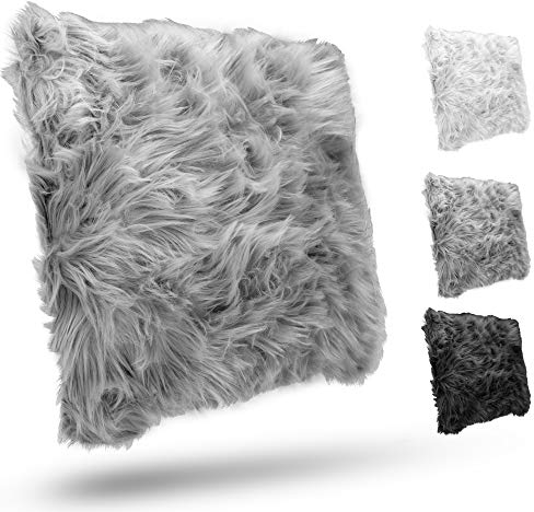 HDmirrorR Home's Heaven Kunstfellkissen - grau - 45cm x 45cm - Dekokissen mit Füllung in Felloptik - waschbar, schönes Design - Flauschiges Langhaar Zierkissen für zusätzlichen Komfort