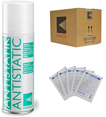 ANTISTATIK - VPE: 12 x 200ml Spraydose - Antistatikspray verhindert statische Aufladung - ITW Cramolin - 1331411 - verringert Schmutzanziehung, inkl. 5 St. DEWEPRO® SingleScrubs