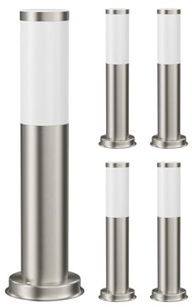 ledscom.de 5 Stück Pollerleuchte PORU für außen, Edelstahl, rund, 38,5cm, inkl. E27 Lampe max. 1020lm weiß 3-Stufen Dimmen ohne Dimmer