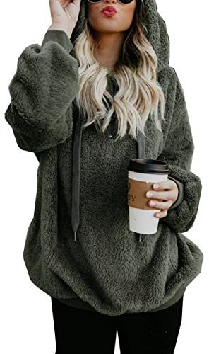 Womens Fleece Hoodie Oversized Jacket Casual Jumper Loose Long Sleeve Coat Winter Sweatshirt Warm Fuzzy Fluffy Zip Tops Pullover with Pockets (Green, L)