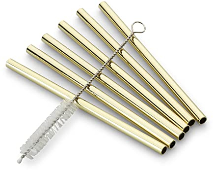 ECHTWERK Pailles Small 7pcs en acier inoxydable avec brosse de nettoyage, Edition Or, Réutilisables, Incassables, Sans BPA, Pailles pour cocktails, long drinks, smoothies
