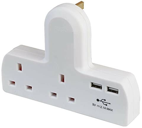 1 x Double Plug Adaptor with 2 USB, 2 Way Plug Adaptor Extension Multi Sockets T-Shaped Wall Charger Adapter Ports 13A UK 3 Pin Power Socket for Home, Office, Kitchen, PC - White