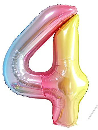 Geburtstag zahlen luftballon 4 jahre | Folienballon 4 XXL Regenbogen Farbverlauf-Riesen Folienballon in 40 - 101cm Geburtstagsdeko - Ballon Zahl Deko zum Geburtstag - fliegt mit Helium